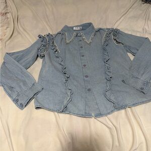 Kiwi Denim Button Up with Ruffle and Pearl Rhinestones Dolly Style Medium